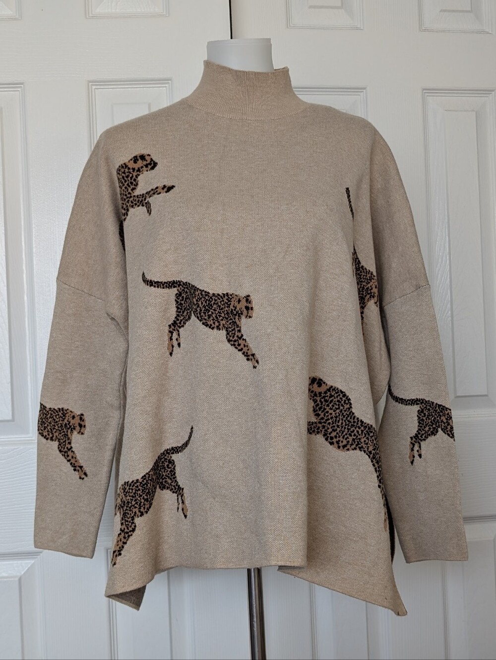 Beige Leopard Motif Mock Neck Sweater